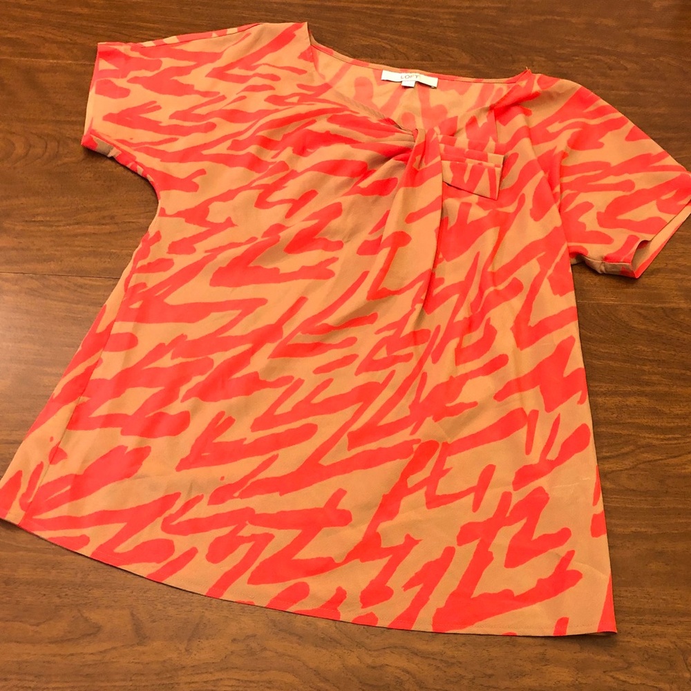 Loft Abstract Print Pleated Bow Blouse